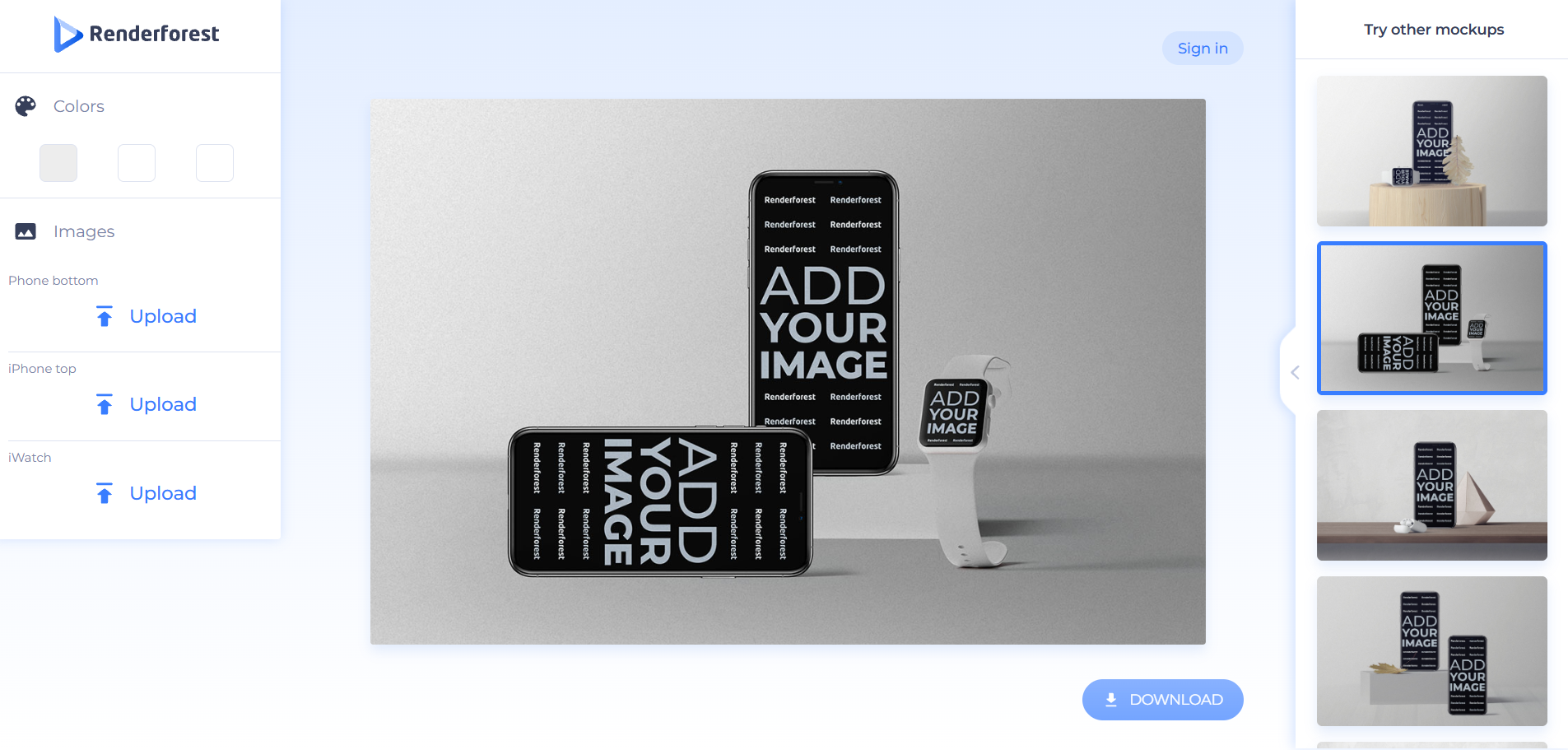 Renderforest mockup editor showing phone and smartwatch devices with placeholders to upload images for screen previews